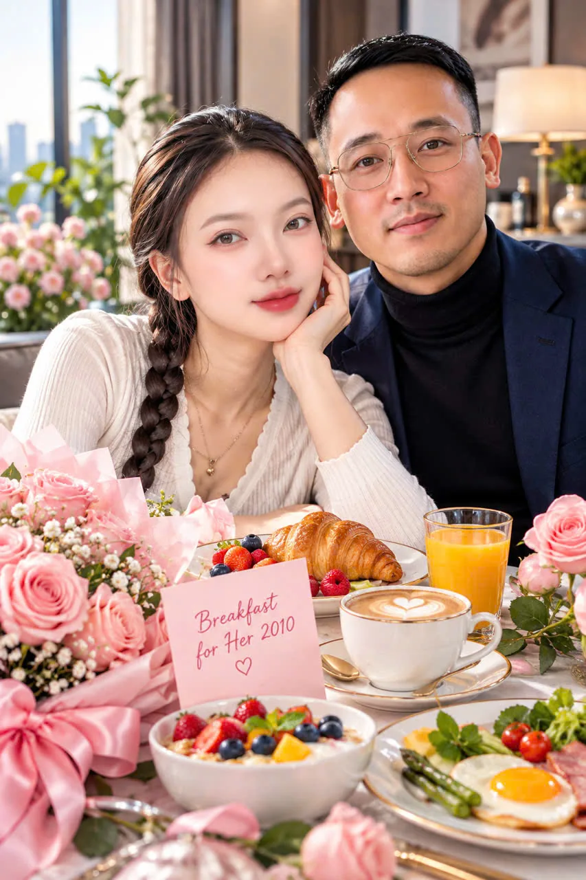 Hai người trưởng thành bên bàn ăn sáng với hoa và tách cà phê — ảnh chủ dự án cung cấp