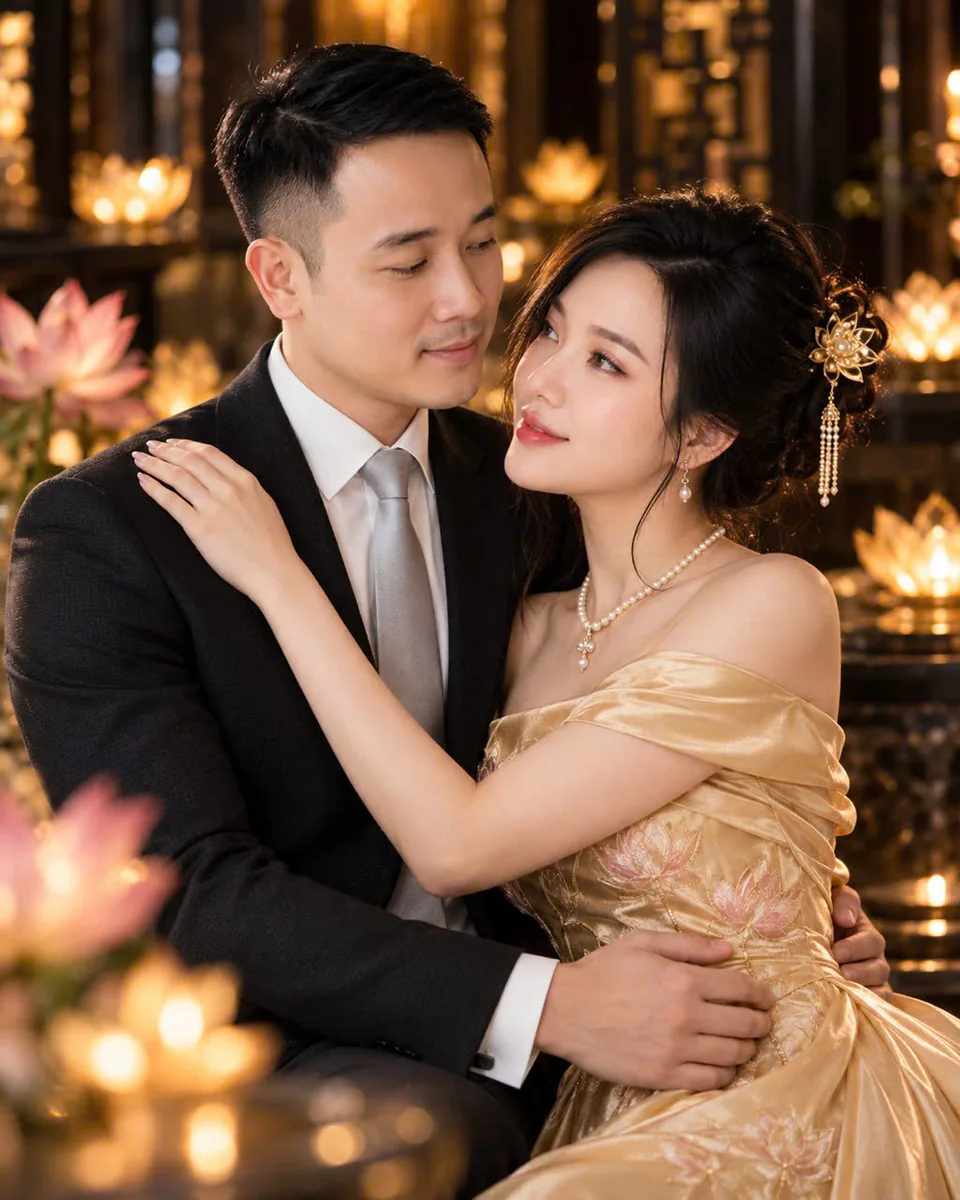 Cặp đôi trưởng thành chia sẻ khoảnh khắc ấm áp trong trang phục lễ cưới — ảnh chủ dự án cung cấp
