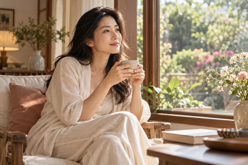 Một phụ nữ trưởng thành bình yên bên cửa sổ với tách trà — ảnh AI minh họa