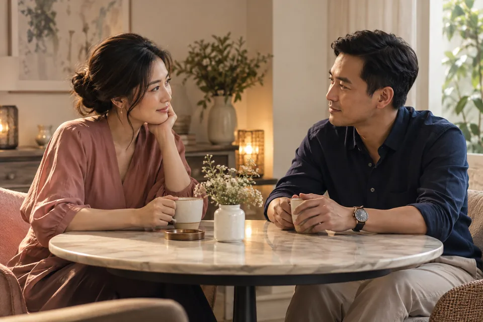 Hai người ngồi đối diện bên bàn, dành sự chú ý cho nhau — ảnh AI minh họa
